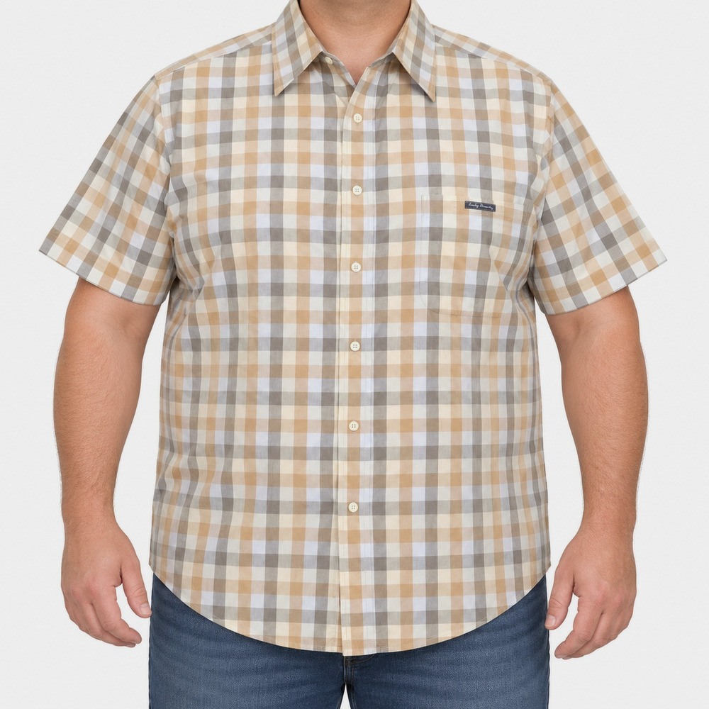 Lucky Brand Shirt Mens 2XL Beige Check 100% Cotton Short Sleeve Button-Up